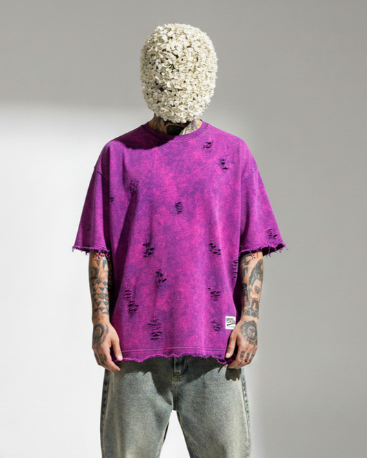 PURPLE ACID WASH SHREDDED OVERSIZED UNISEX T-SHIRT